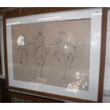 A LATE 20TH CENTURY GRAPHITE AND INK STUDY OF THREE RACE HORSES indistinctly signed and dated '96