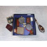 A TORTOISESHELL BACKED MINIATURE MANDOLIN, illustrated miniature bible and other items