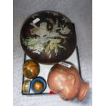 A COMPOSITION DOLL'S HEAD, lidded box and other items