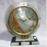 A VINTAGE ART DECO STYLE MARBLE AND BLACK SLATE MANTEL TIMEPIECE, 10.5" high