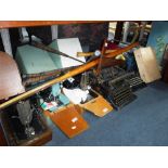 A COLLECTION OF VARIOUS VINTAGE SEWING MACHINES, typewriters, tools and sundries