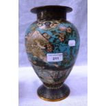 A CLOISONNE VASE decorated with cranes with Mount Fuji to the distance