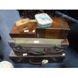 TWO OLD TRAVEL TRUNKS, an inlaid jewellery box and other items