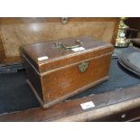 A 19TH CENTURY MAHOGANY BOX with a brass handle, 11" wide