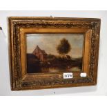 A 19TH CENTURY OIL ON BOARD LANDSCAPE with cottages and figures by a river, in gilt frame