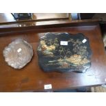 A 19TH CENTURY BLACK PAPIER MACHE BOX with Chinoiserie decoration and an Art Nouveau copper tray