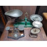 A SET OF VICTORIAN BRASS POSTAL SCALES and two sets of scales (3)