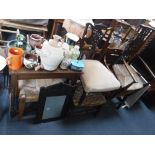 A RUSH SEATED ARMCHAIR, a Regency chair, oak table and other small items of furniture