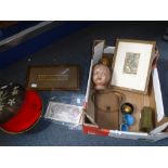 VARIOUS BANK NOTES, a doll's head, framed prints and other collectables (one box)