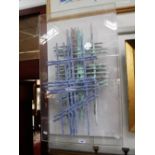 CUSTIE THOMAS: A MODERNIST ABSTRACT MOBILE of three pastel coloured shapes suspended behind perspex,