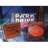 A VINTAGE 'PARK DRIVE' ENAMEL SIGN, a 1920s 'Cremona' Dairy Cream toffee tin and a similar '