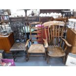 A VICTORIAN OAK HALL CHAIR, a rush seated armchair and a 19th century lath-back armchair (3)