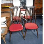 ERCOL: FOUR DARK STAINED STICK BACK CHAIRS to include two carvers