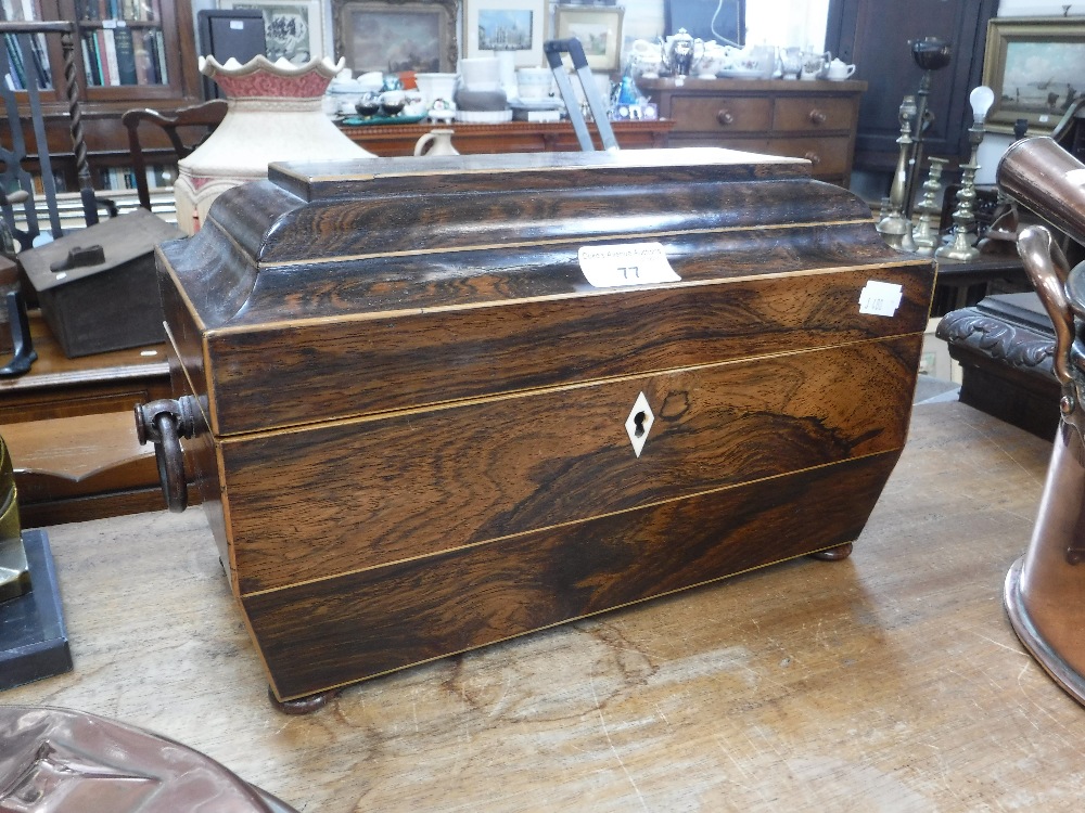 A 19TH CENTURY ROSEWOOD TEA CADDY with fitted interior, 13.5" wide