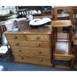 A LIGHT OAK CHEST OF DRAWERS, 42" wide, a nest of three teak tables, a wall mirror and an occasional