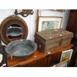 A VINTAGE STEEL UNIFORM CASE with brass clasp (key in office), a brass wash bowl and a gilt framed