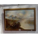 A NAIVE VICTORIAN OIL ON CANVAS VIEW OF A RIVER with a castle, indistinctly signed