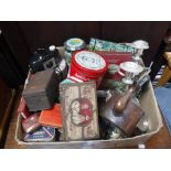 A COLLECTION OF VINTAGE TINS, a small copper kettle, two silver spoons and a quantity of silver