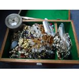 A LARGE COLLECTION OF VINTAGE COSTUME JEWELLERY, necklaces , white metal Midland Bank money box