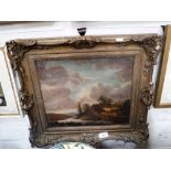 A 19TH CENTURY OIL ON CANVAS LANDSCAPE with cottages, in a gilt frame