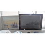 FRANCIS J CHILCOTT: 'Sunset over Poole Harbour' 1966 oil on board and another painting of a quayside