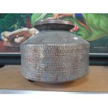 AN EASTERN PLANISHED COPPER AND SILVER PLATED COOKING POT, probably Indian, 11" high