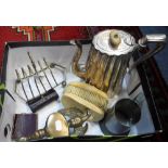 A PAIR OF VICTORIAN IVORY-BACKED CLOTHES BRUSHES, silver plated ware and other items (1 box)