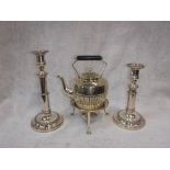 A PAIR OF REGENCY SHEFFIELD PLATED TELESCOPIC CANDLESTICKS and a Victorian silver plated spirit