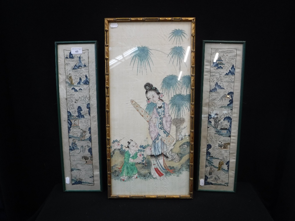 A CHINESE PAINTING ON SILK OF A FEMALE IMMORTAL with child attendant and two embroidered 'sleeve'