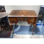 A REPRODUCTION FIGURED WALNUT LOWBOY on cabriole legs, 30" high x 30" wide