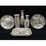 A CHINESE FAMILLE VERTE DISH, a pair of similar plate and three vases