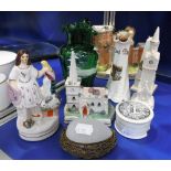 A MARY GREGORY GREEN GLASS JUG, crested china, Staffordshire Church and Castle and other ceramics