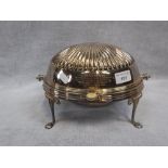 A SILVER PLATED TUREEN with swing cover, engraved with presentation inscription, April 1906, 7 high