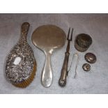 A SILVER BACKED HAIRBRUSH AND OTHER SILVER