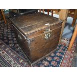 AN 18TH CENTURY OAK BOX with brass carrying handles and pierced escutcheon, 17" high x 17.5" wide