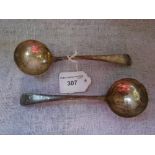 A PAIR OF GEORGIAN SILVER SAUCE LADLES engraved with initials, 7" long (2)