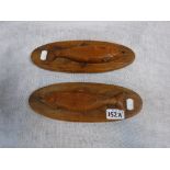 A PAIR OF PITCAIRN ISLANDS STYLE CARVED WOOD FISH PLAQUES, 10" wide
