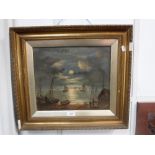 C M MASKELL: A maritime scene by moonlight, oil on canvas in gilt frame