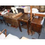 A GEORGE III PEMBROKE TABLE, an Edwardian window table, a small mahogany chest with drop-flaps, a