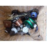 A BLACK FOREST CARVED WOOD BEAR, pocket watches, a pair of steel candle snuffers and other