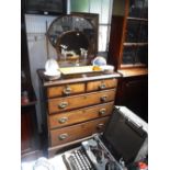 A GEORGE III OAK AND MAHOGANY CROSSBANDED CHEST OF DRAWERS, 42" high x 37.5" wide and two