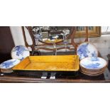 ELEVEN JAPANESE DISHES with blue floral decoration, a yellow wooden tray and three contemporary