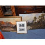 AN EDWARDIAN OIL ON CANVAS, Mountainous scene and another similar painting