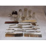 A COLLECTION OF VARIOUS SILVER-TOPPED GLASS BOTTLES, two pairs of glove stretchers and other items