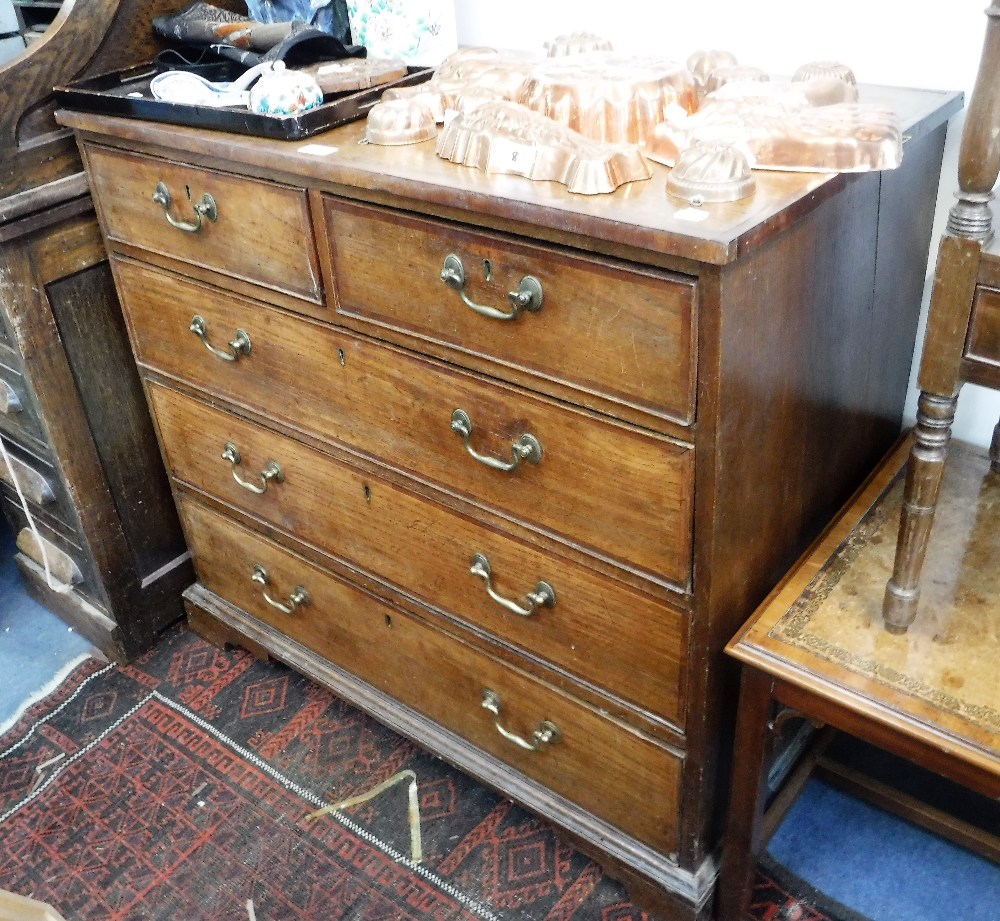 A GEORGE III OAK AND MAHOGANY CROSSBANDED CHEST OF DRAWERS, 34" high X 37" wide