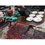 A REPRODUCTION MAHOGANY TWIN PEDESTAL DINING TABLE, 42" wide x 95" long (including extra leaf)