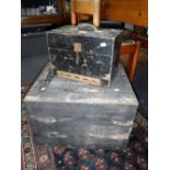 A VINTAGE MILITARY WOODEN CRATE, inscribed 'II HUSSARS PAO' and another smaller, 'C & W Newton Abbot