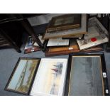 A COLLECTION OF PICTURES AND PRINTS including an oil on board painting of a harbour scene,