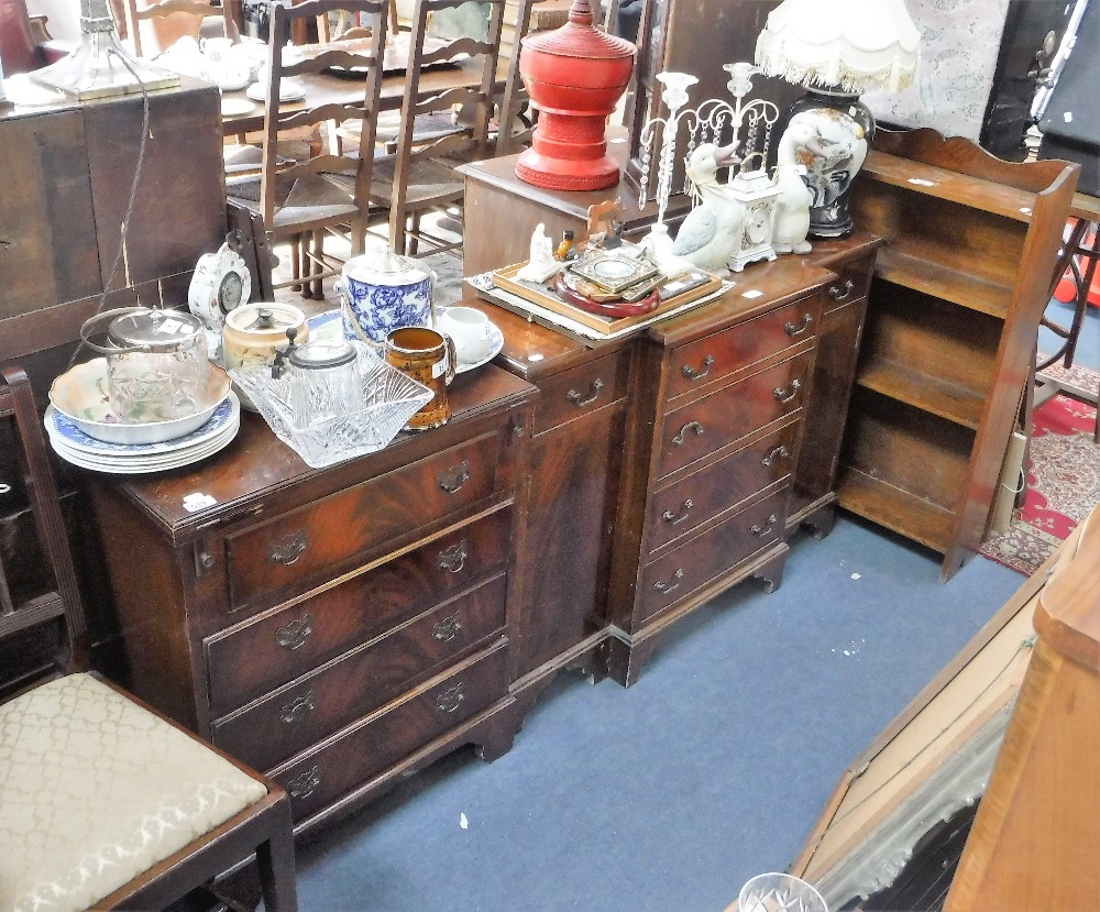 A REPRODUCTION MAHOGANY BREAKFRONT SIDE cabinet, 43" wide, a similar chest with fold-over top and