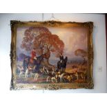 A 20TH CENTURY OIL ON CANVAS HUNTING SCENE, set in an extensive landscape, in a heavy gilt frame